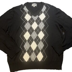 Merona Sweater Mens XL Black Argyle V-Neck Merino Wool Pullover Preppy Classic